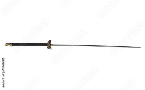 Asian sword with gold dragon on handle on white background
