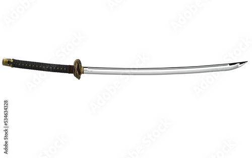 Asian sword with gold dragon on handle on white background