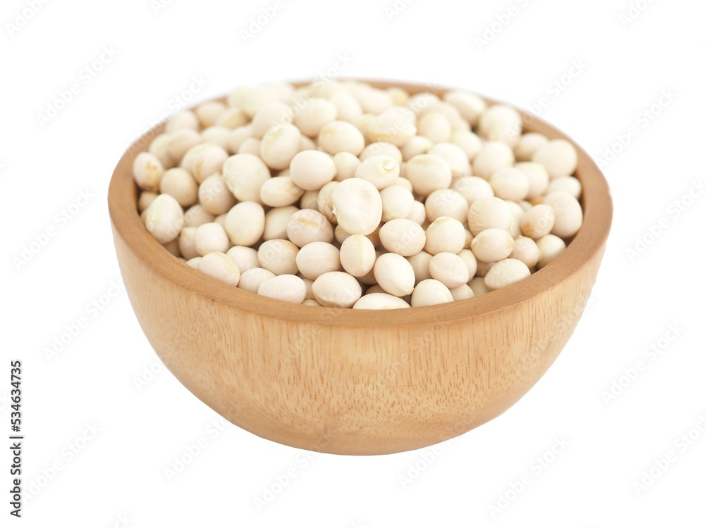 White beans in wooden bowl on white background. Closeup photo, blurred. White beans in wooden bowl on white background. Closeup photo, blurred.