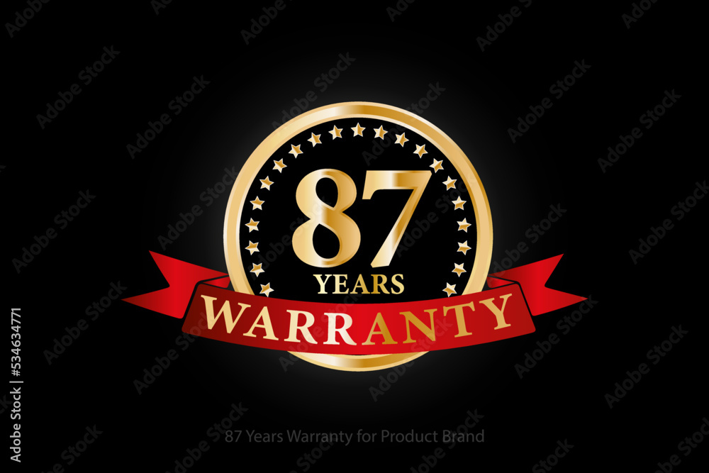 87 years warranty golden logo with ring and red ribbon isolated on black background, vector design for product warranty, guarantee, service, corporate, and your business. 87 years warranty golden logo with ring and red ribbon isolated on black background, vector design for product warranty, guarantee, service, corporate, and your business.
