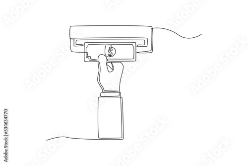 Continuous one line drawing hand taking cash money from the ATM machine. ATM machine concept. Single line draw design vector graphic illustration.