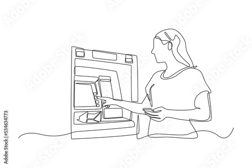 Continuous one line drawing businesswoman doing transaction at the ATM. ATM machine concept. Single line draw design vector graphic illustration.