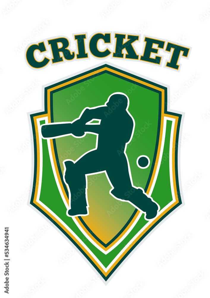 illustration of a cricket player batsman batting set inside shield isolated on white and words Cricket