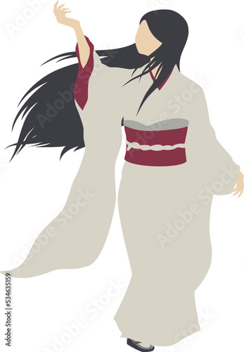 腕を上げている着物姿の女性