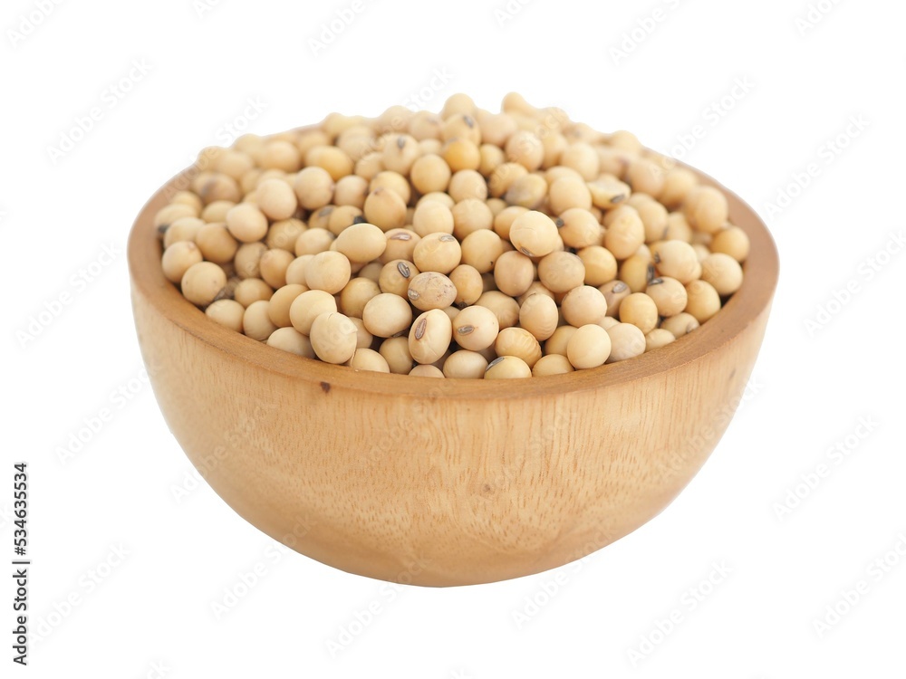 Soybeans in wooden bowl on white background. Closeup photo, blurred. Soybeans in wooden bowl on white background. Closeup photo, blurred.