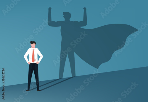 Businessman with his shadow superhero. courage, leadership, ambition and success concept, flat vector illustration