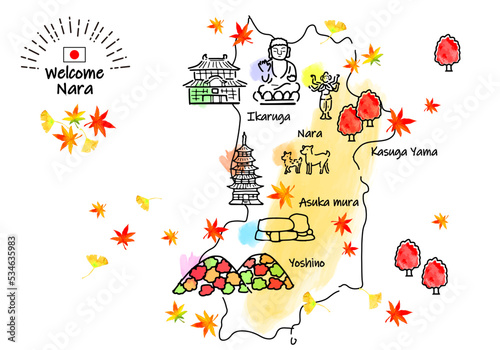 秋の奈良県の観光地のシンプル線画イラストマップ