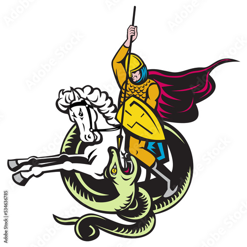 knight riding horse fighting dragon snake
