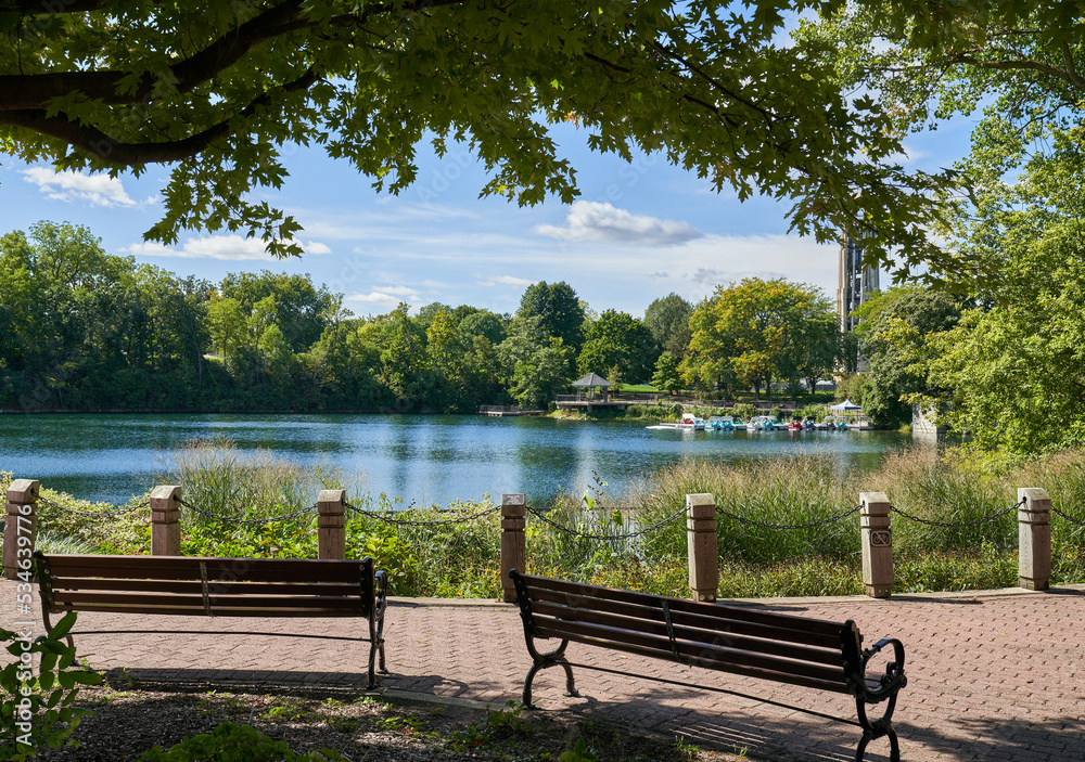 Naperville Riverwalk Quarry Lake Bench in the Park Viewing