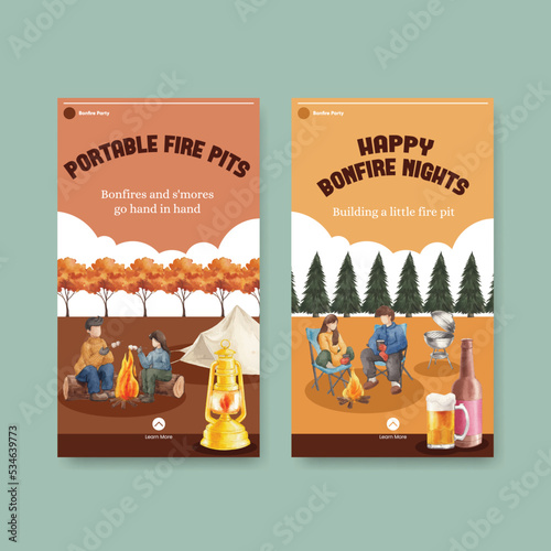 Instagram template with bonfire party concept,watercolor style