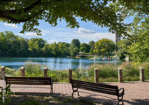  Naperville Riverwalk Quarry Lake | Bench in the Park Viewing | Millennium Carillon Tower in Naperville Illinois  