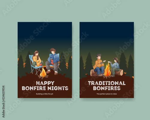 Invite card template with bonfire party concept,watercolor style