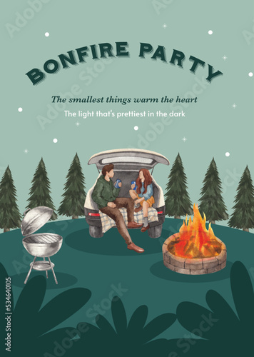 Poster template with bonfire party concept,watercolor style