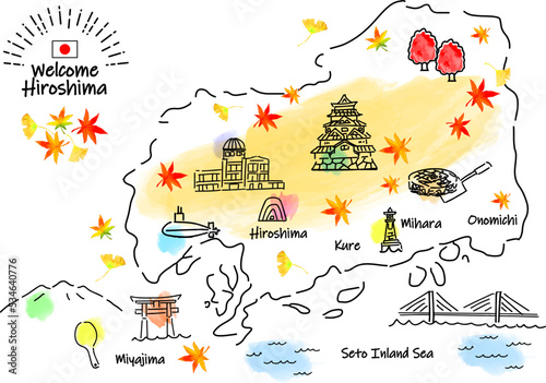 秋の広島県の観光地のシンプル線画イラストマップ © RURIBYAKU
