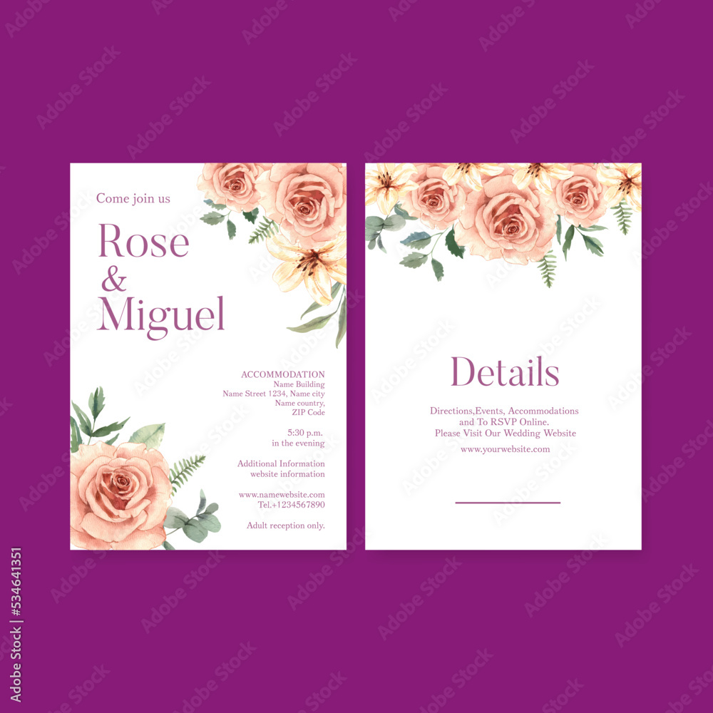 Wedding card template with gorgeous flower moody concept,watercolor style.