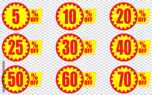 5, 10, 20, 25, 30, 40, 50, 60, 70, 80, 90 percentage off, Discount stickers set for shop, retail, promotion 5, 10, 20, 25, 30, 40, 50, 60, 70, 80, 90 percentage off, Discount stickers set for shop, re