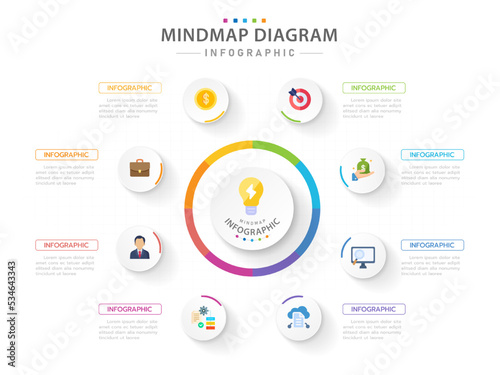 Infographic template for business. 8 Steps Modern Mindmap diagram with circles and topic titles, presentation vector infographic.
