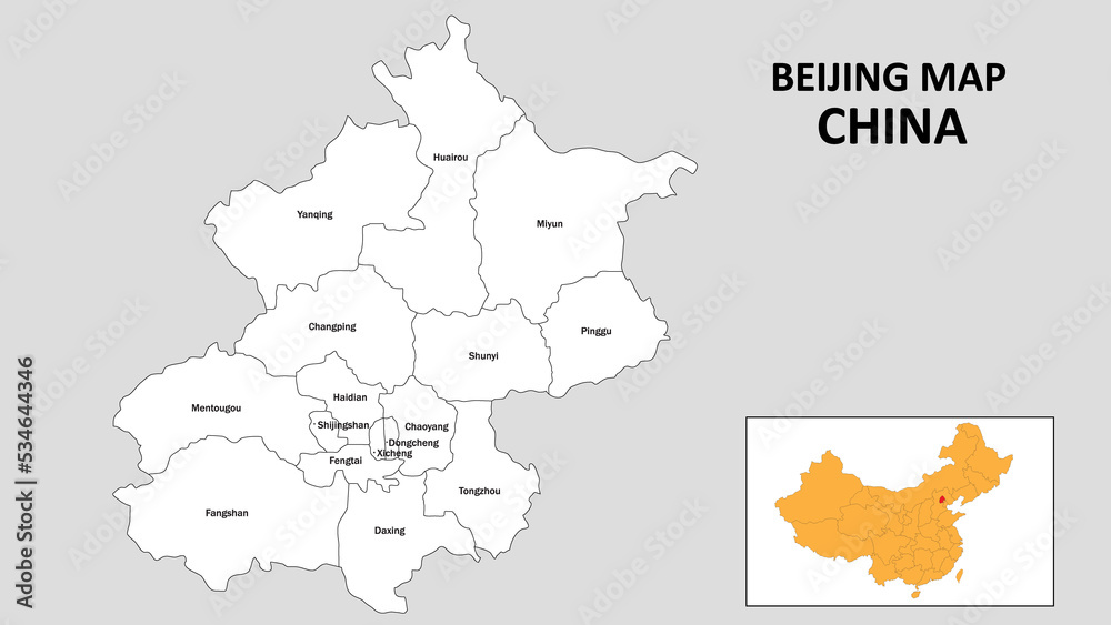 Beijing Map of China. State and district map of Beijing. Administrative map of Beijing with the district in white color.