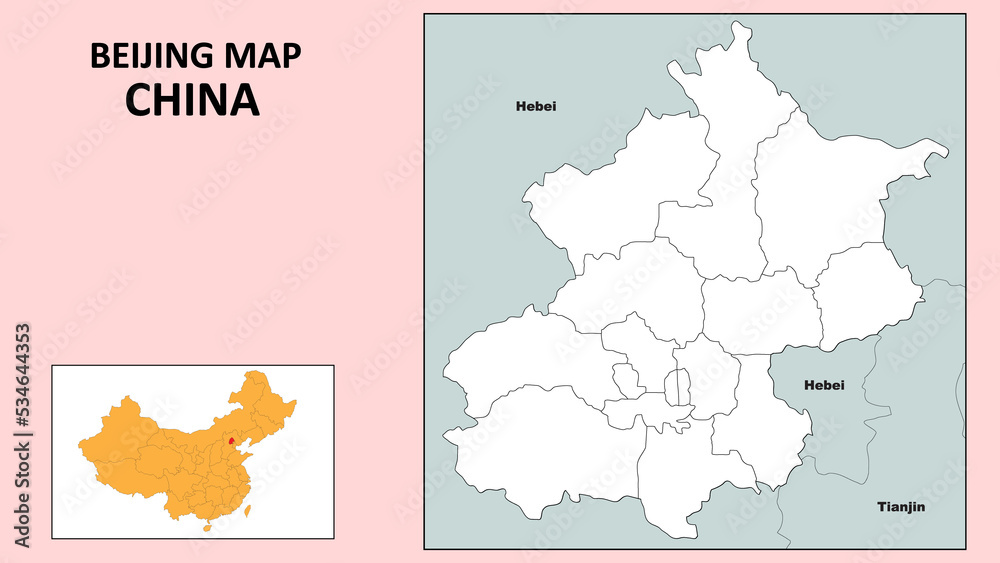 Fototapeta Beijing Map of China. State and district map of Beijing. Political map of Beijing with outline and black and white design.