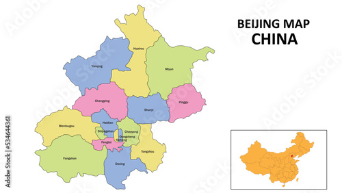 Beijing Map of China. State and district map of Beijing. Detailed colorful map of Beijing.