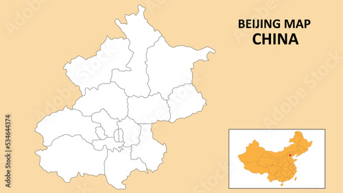 Beijing Map of China. Outline the state map of Beijing. Political map of Beijing with a black and white design.
