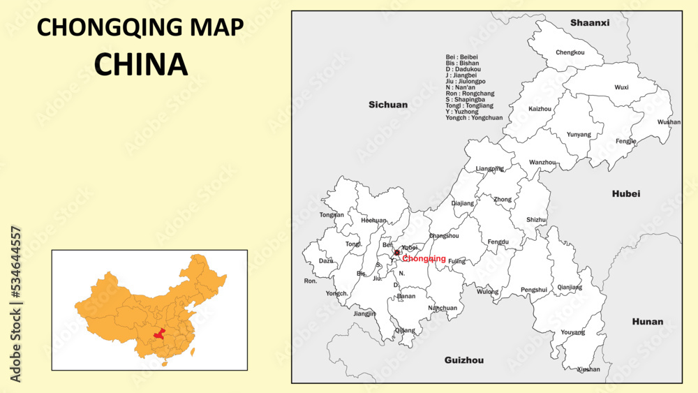 Chongqing Map of China. State and district map of Chongqing. Administrative map of Chongqing with district and capital in white color.