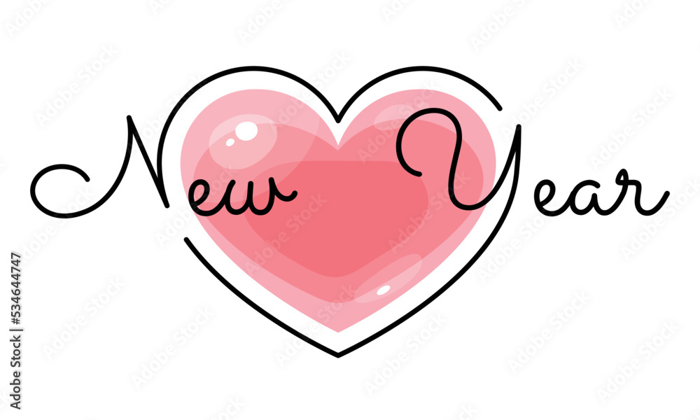 Vector black lines around a heart-shaped Christmas toy for poster, brochure, banner, card. Handwritten letters and a pink heart with highlights isolated on white background. Happy New Year
