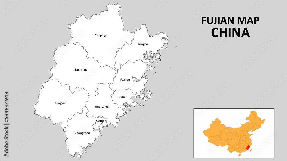 Fototapeta Fujian Map of China. State and district map of Fujian. Administrative map of Fujian with the district in white color.