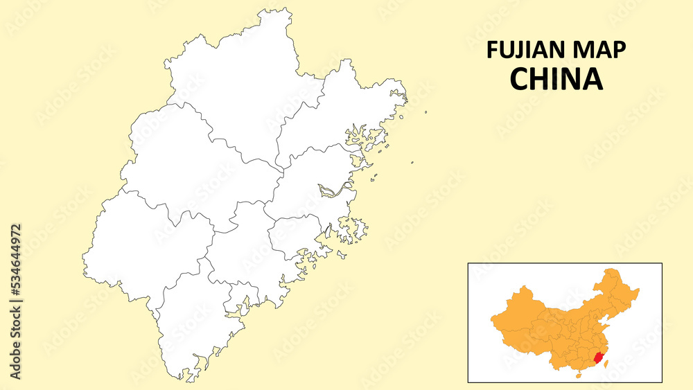 Fujian Map of China. Outline the state map of Fujian. Political map of Fujian with a black and white design.