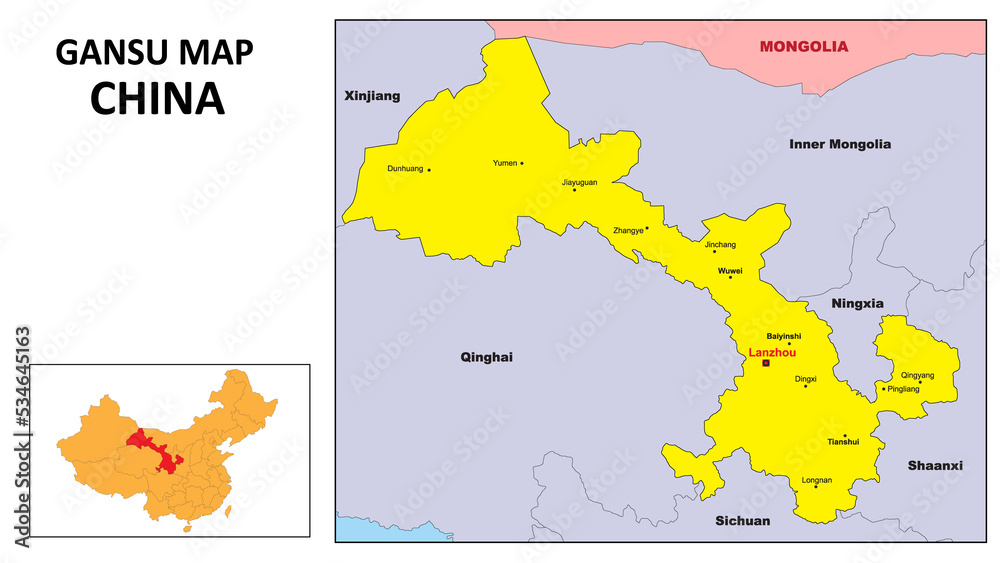Obraz premium Gansu Map of China. Major city map of Gansu. Political map of Gansu with country capital.