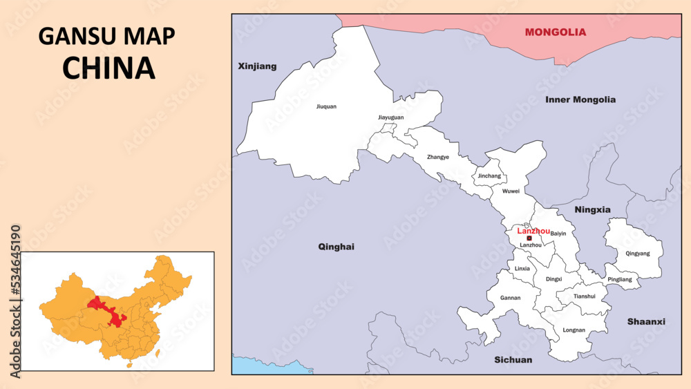 Gansu Map of China. State and district map of Gansu. Administrative map of Gansu with district and capital in white color.