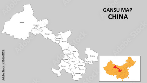Gansu Map of China. State and district map of Gansu. Administrative map of Gansu with the district in white color.