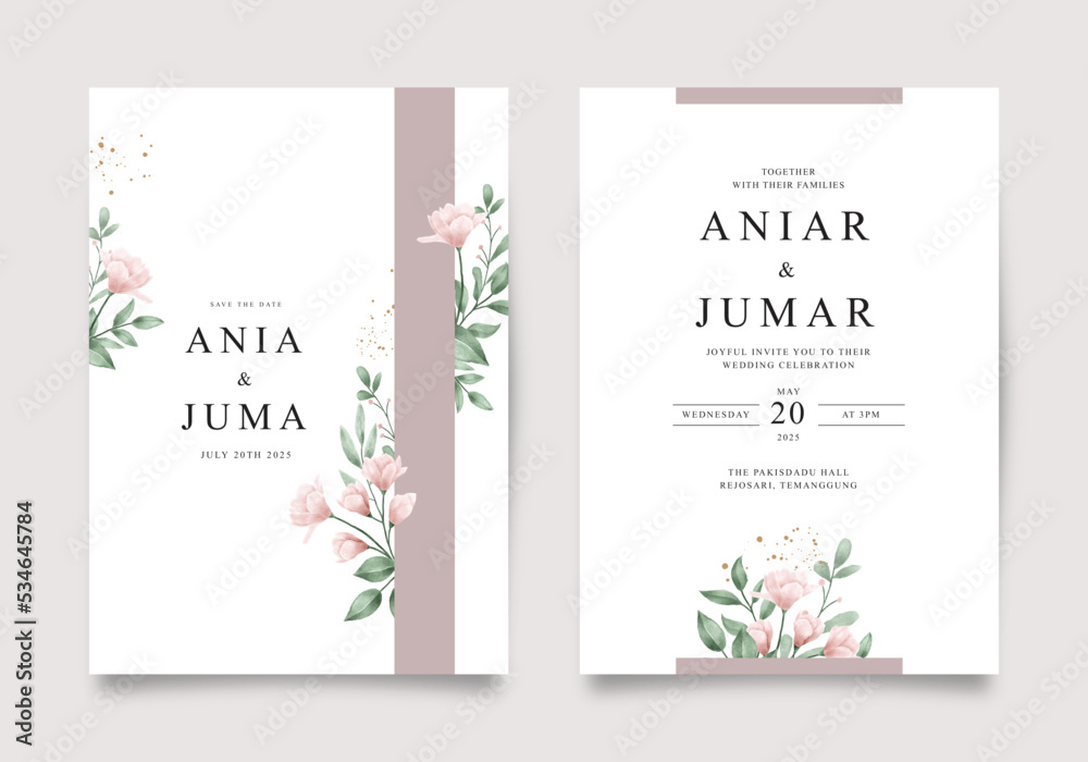 Beautiful wedding invitation with watercolor floral and green leaves