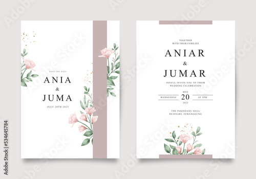 Beautiful wedding invitation with watercolor floral and green leaves