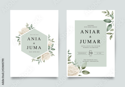 Elegant wedding invitation template with beautiful green roses and leaves