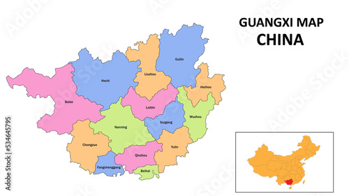 Guangxi Map of China. State and district map of Guangxi. Detailed colorful map of Guangxi. photo