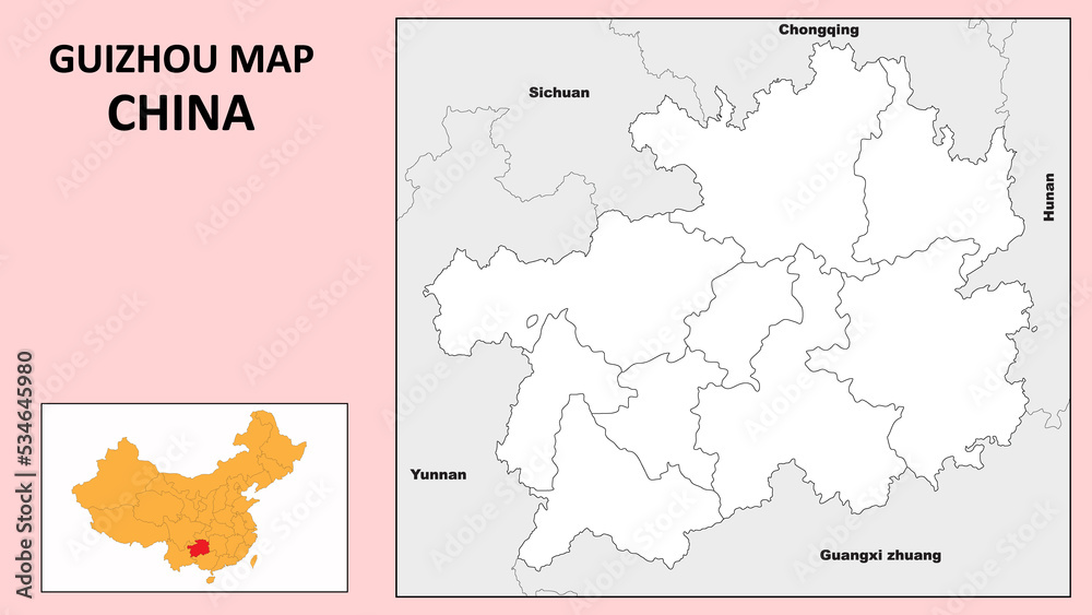 Guizhou Map of China. State and district map of Guizhou. Political map of Guizhou with outline and black and white design.