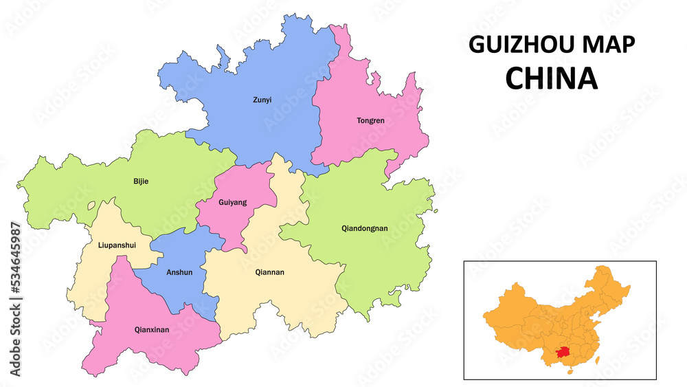 Guizhou Map of China. State and district map of Guizhou. Detailed colorful map of Guizhou.