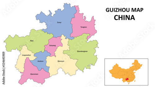 Guizhou Map of China. State and district map of Guizhou. Detailed colorful map of Guizhou.