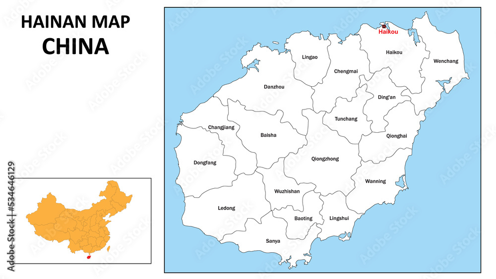 Fototapeta Hainan Map of China. State and district map of Hainan. Administrative map of Hainan with district and capital in white color.