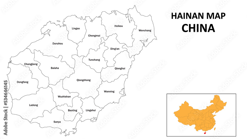 Hainan Map of China. State and district map of Hainan. Administrative map of Hainan with the district in white color.