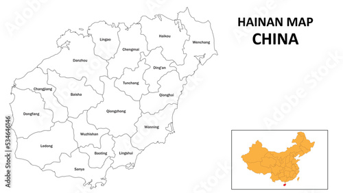 Hainan Map of China. State and district map of Hainan. Administrative map of Hainan with the district in white color. photo