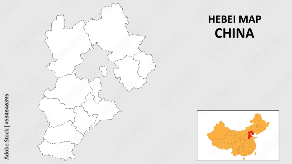 Hebei Map of China. Outline the state map of Hebei. Political map of