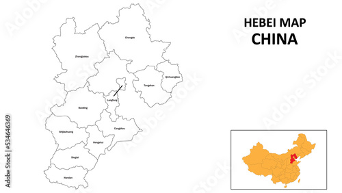 Hebei Map of China. State and district map of Hebei. Administrative map of Hebei with the district in white color. photo