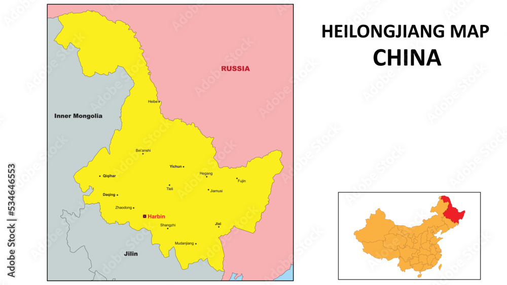 Obraz premium Heilongjiang Map of China. Major city map of Heilongjiang. Political map of Heilongjiang with country capital.