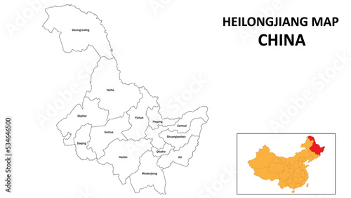 Heilongjiang Map of China. State and district map of Heilongjiang. Administrative map of Heilongjiang with the district in white color.