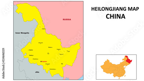 Heilongjiang Map of China. Major city map of Heilongjiang. Political map of Heilongjiang with country capital.