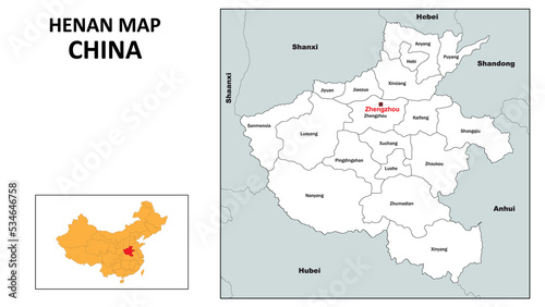 Henan Map of China. State and district map of Henan. Administrative map of Henan with district and capital in white color.