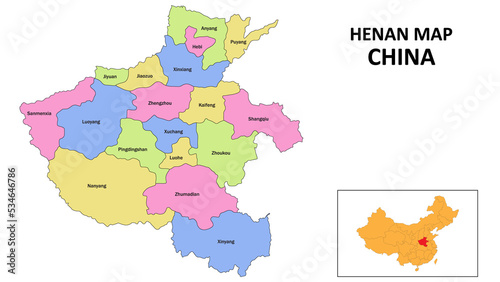 Henan Map of China. State and district map of Henan. Detailed colorful map of Henan. photo
