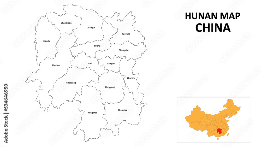 Hunan Map of China. State and district map of Hunan. Administrative map of Hunan with the district in white color.